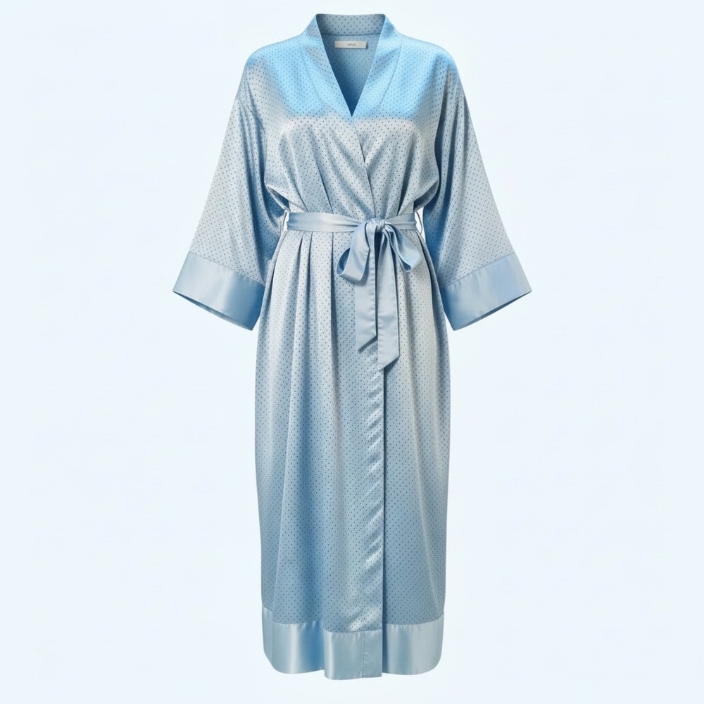 I.MAGNIN Blue Polka Dot Satin Robe 📐Medium | Bridal Relaxing Lounging